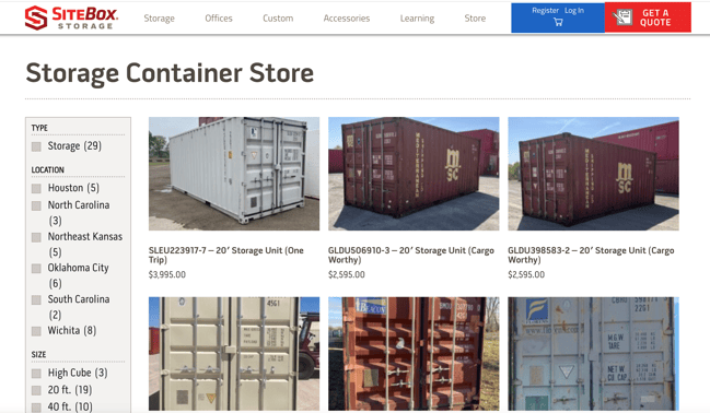A photo, at a glance, of some of the conex boxes in the online store at the time of this publication. 