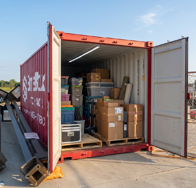 Portable storage container with construction materials and equipment organized inside.