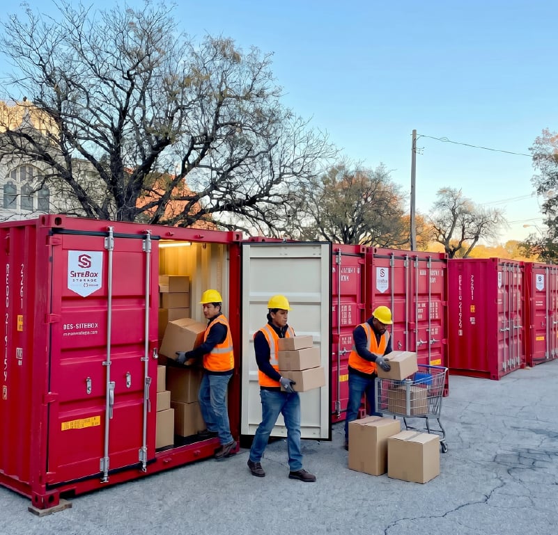 Workers unloading materials from portable storage containers at a commercial job site.