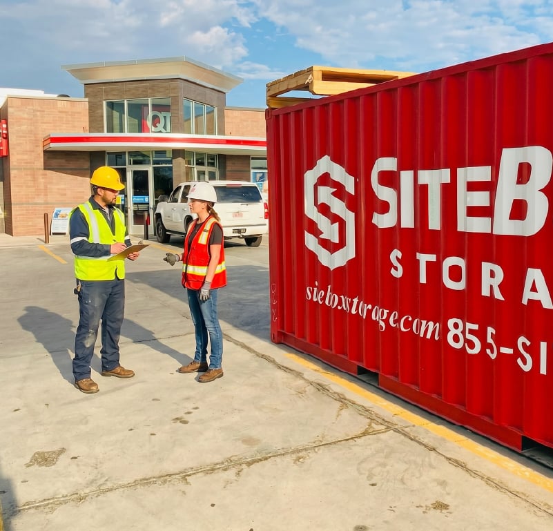 SiteBox representative coordinating portable storage needs with a construction customer.