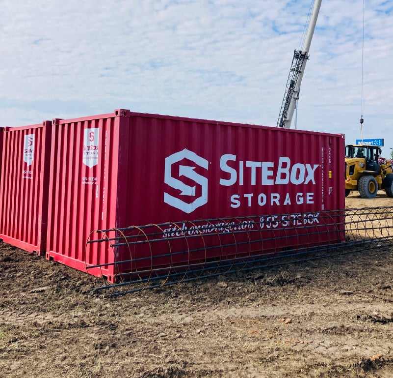 SiteBox portable storage container positioned on an active construction jobsite,